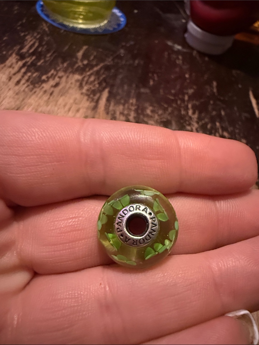 RETIRED Pandora Green Leaf Glass Charm with Silver Core